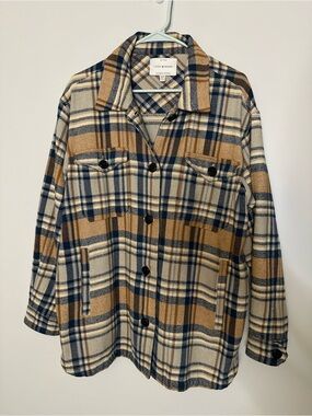 Lucky Brand Beige and Navy Plaid Lightweight Shacket